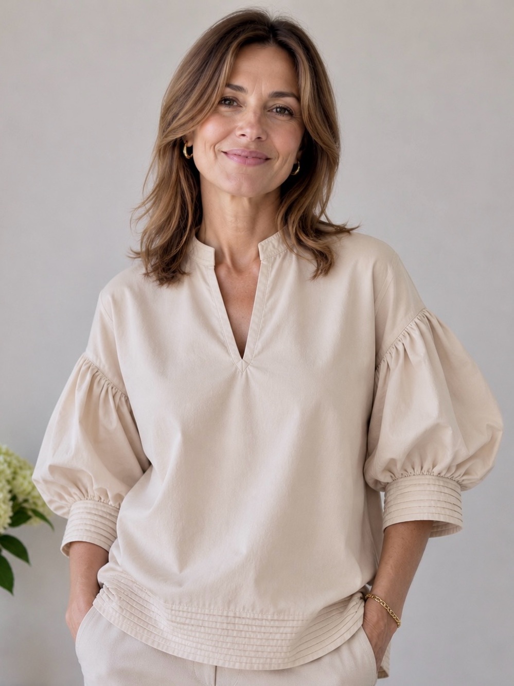 Chico’s Beige Balloon Puff Sleeve Women’s Top Sz 6